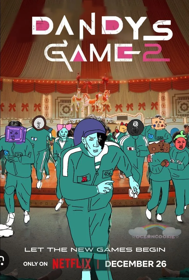 the poster for dandy's game 2 is shown in blue and green colors