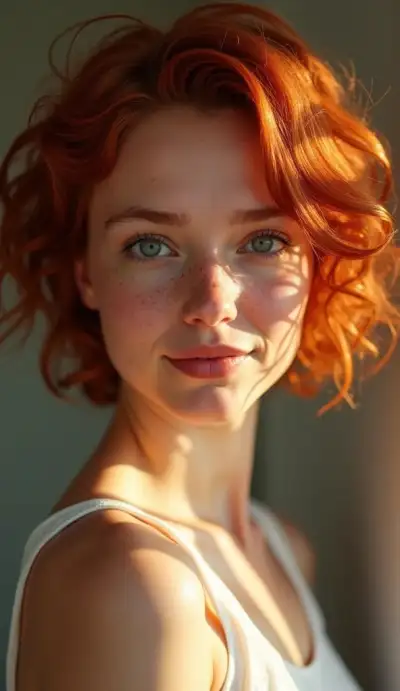 a woman with freckled red hair and blue eyes is posing for the camera