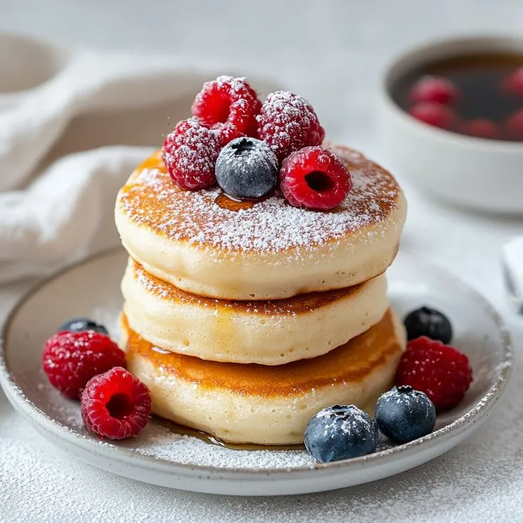 🥞✨ Fluffy Japanese Soufflé Pancakes: The Ultimate Brunch Treat! ✨🥞  Look at these gorgeous, fluffy Japanese soufflé pancakes—light as air, stacked high, and topped with fresh berries and a dusting of powdered sugar. Perfect for a special breakfast or brun