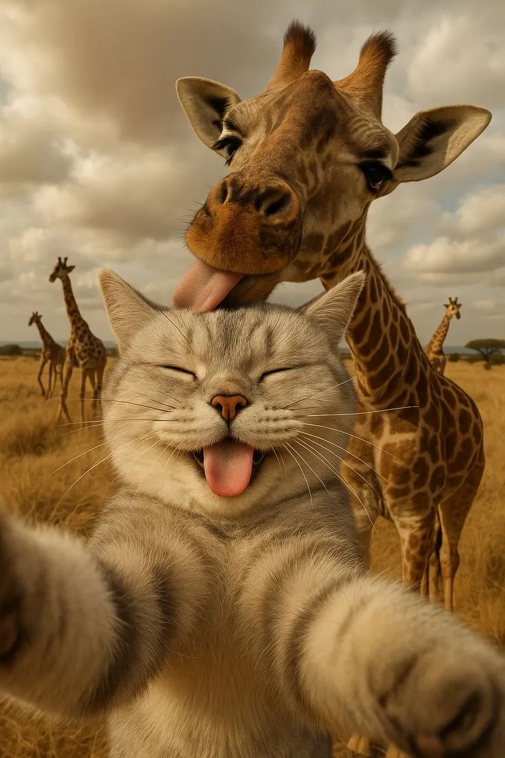 a cat sticking its tongue out with giraffes in the background
