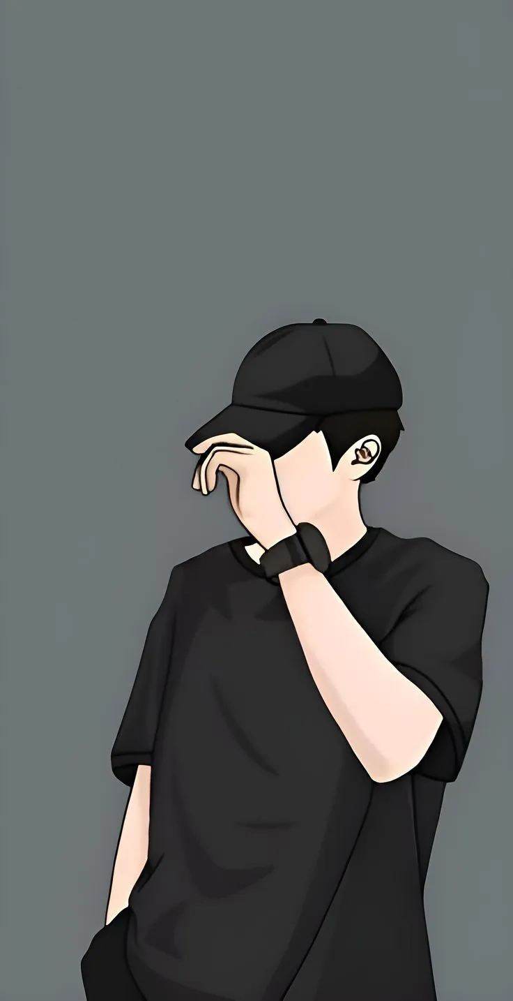 a man in black shirt and hat holding his hand to his face