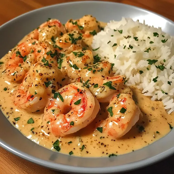 a white plate topped with rice and shrimp covered in gravy on top of a wooden table