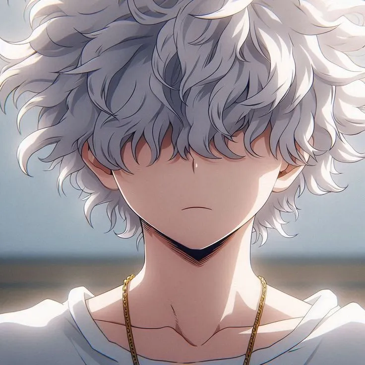 an anime character with white hair and blue eyes looks at something in the distance while wearing a chain around his neck