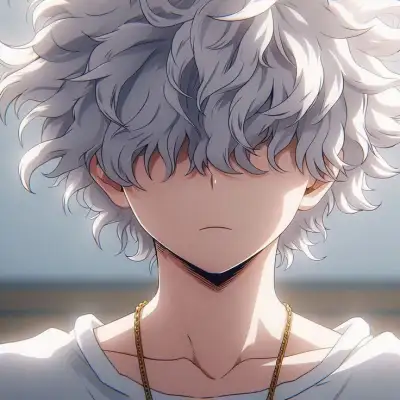 an anime character with white hair and blue eyes looks at something in the distance while wearing a chain around his neck