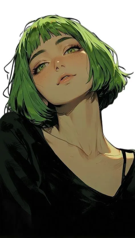 a drawing of a woman with green hair and black shirt looking off to the side