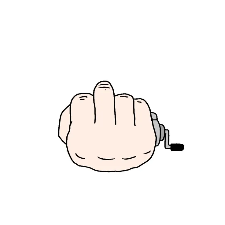 a drawing of a hand holding something in it's right hand with the thumb pointing up