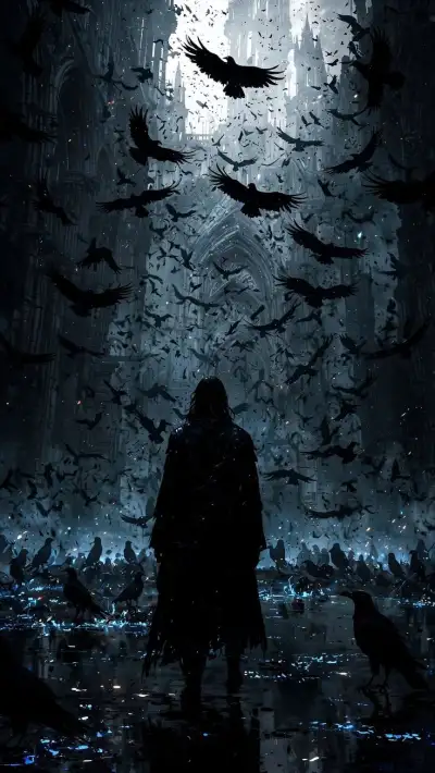 a man standing in front of a flock of birds on a dark background with the moon above him