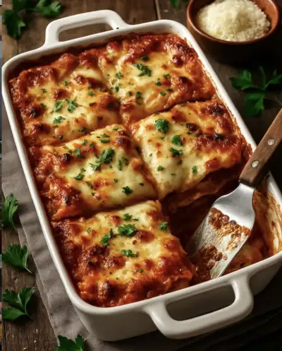 lasagna casserole with cheese and parsley in a white baking dish