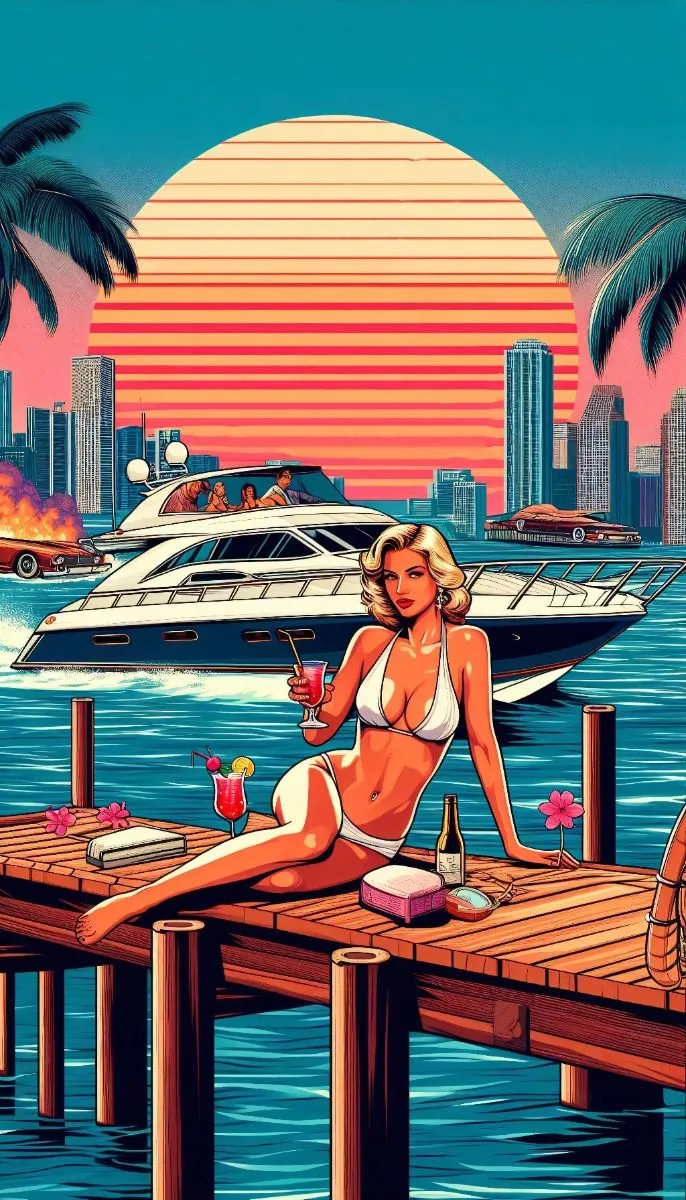 GTA Vice City inspired retro Miami lifestyle 1980s, luxury yachts, tropical drinks
