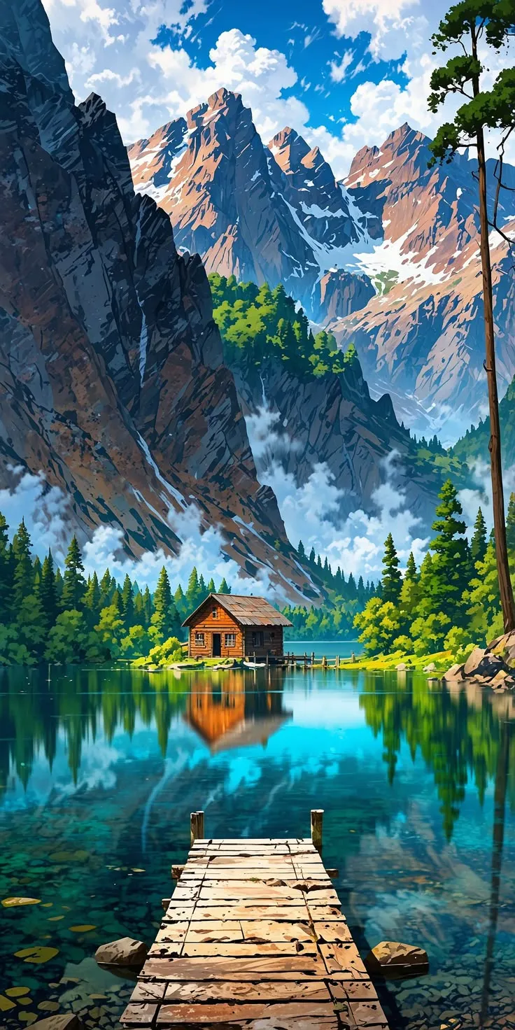 a painting of a mountain lake with a dock in the foreground and a cabin on the other side