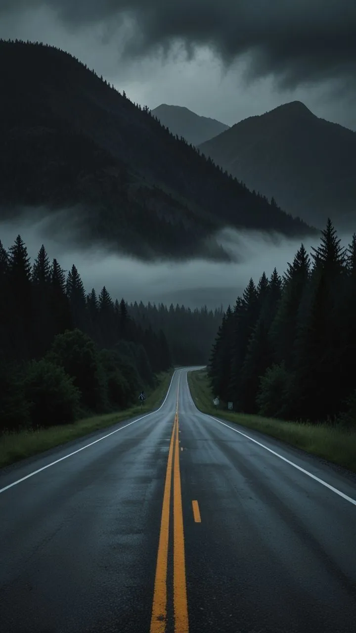 an empty road in the middle of a forest with mountains in the background at night