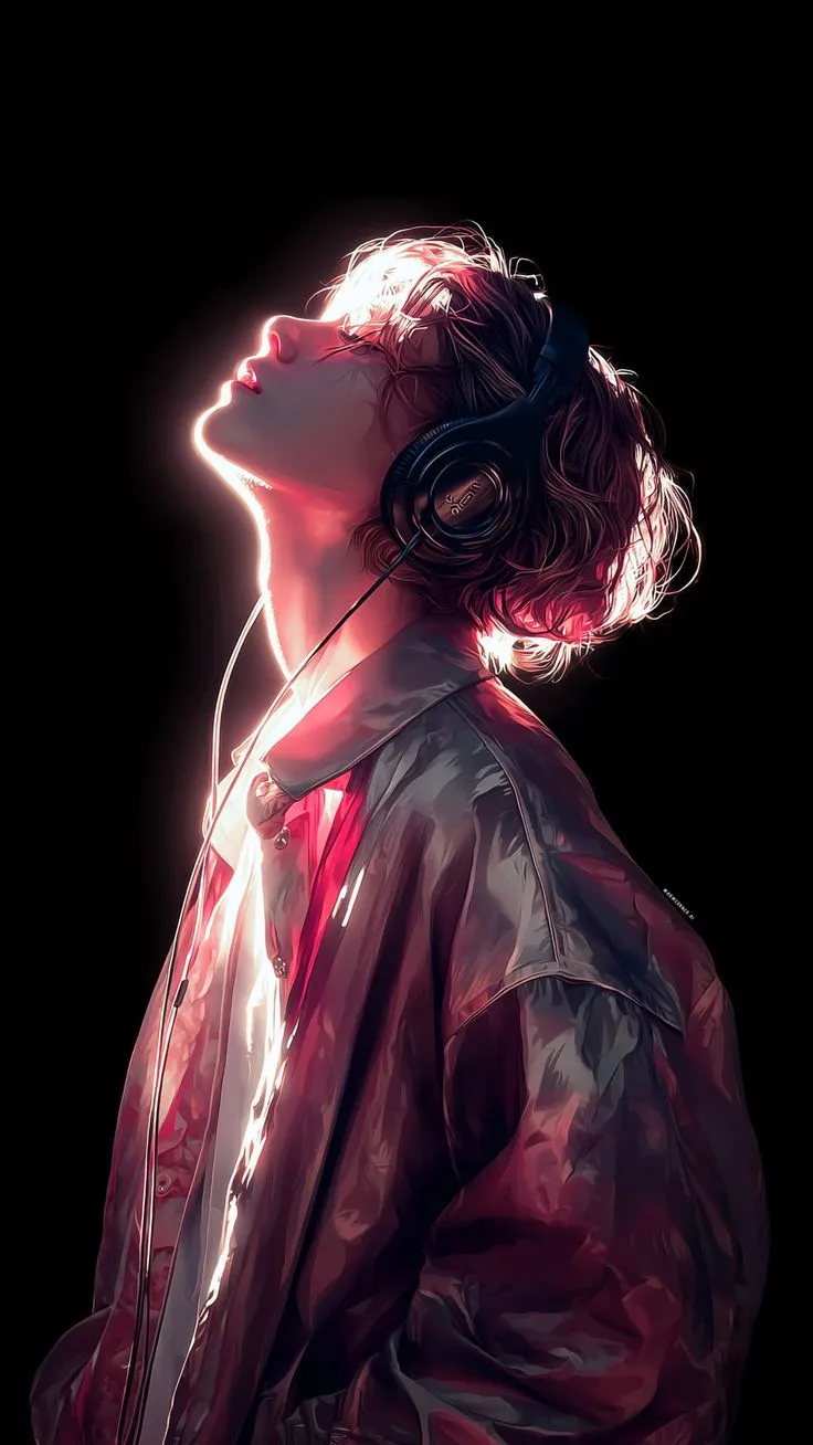 a person with headphones on their ears looking up at something in the air, against a black background