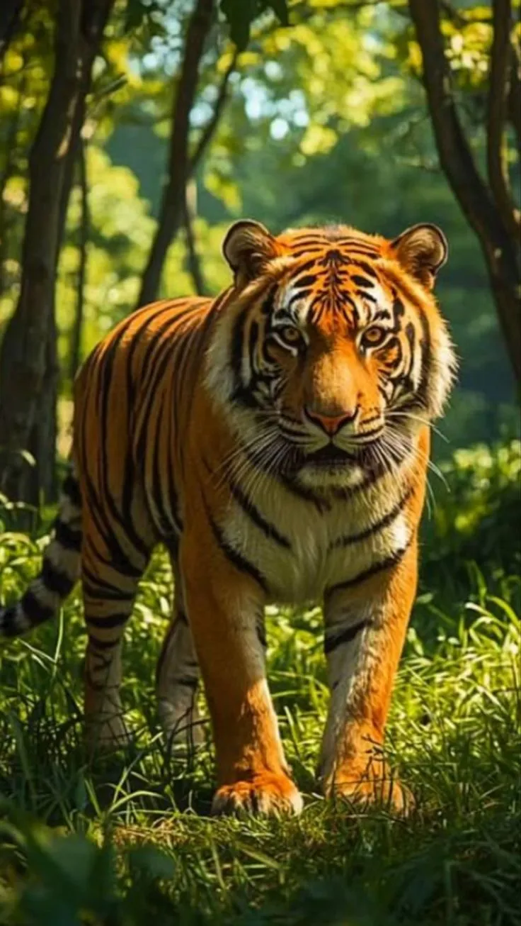 a tiger walking through the grass in front of trees