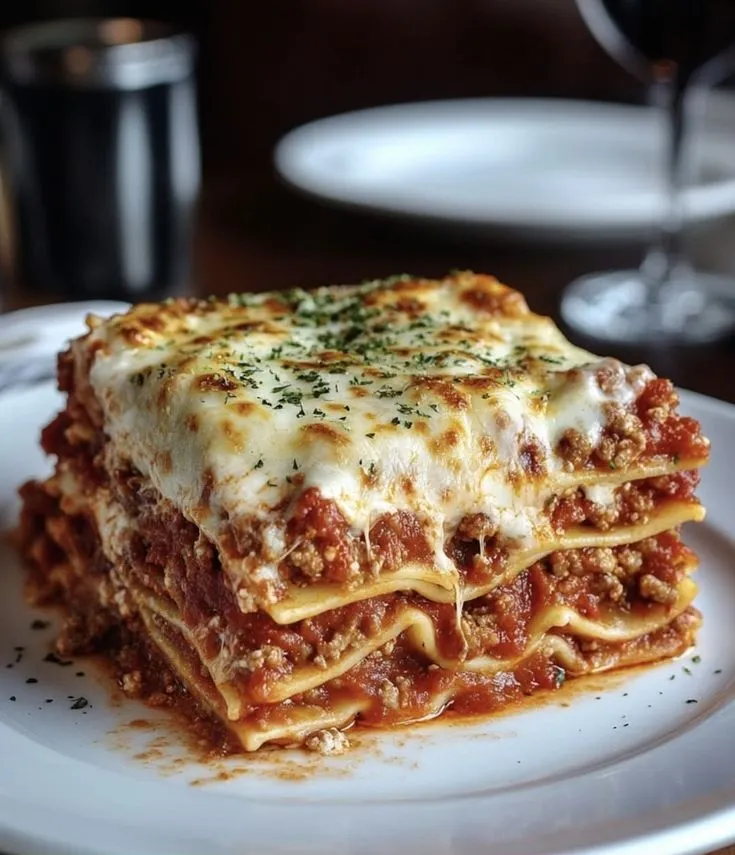 a white plate topped with lasagna covered in sauce and cheese