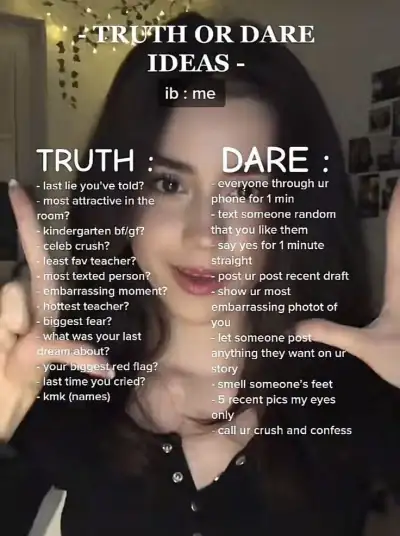 a woman holding her hands up in the air with words written on it that read truth or dare ideas