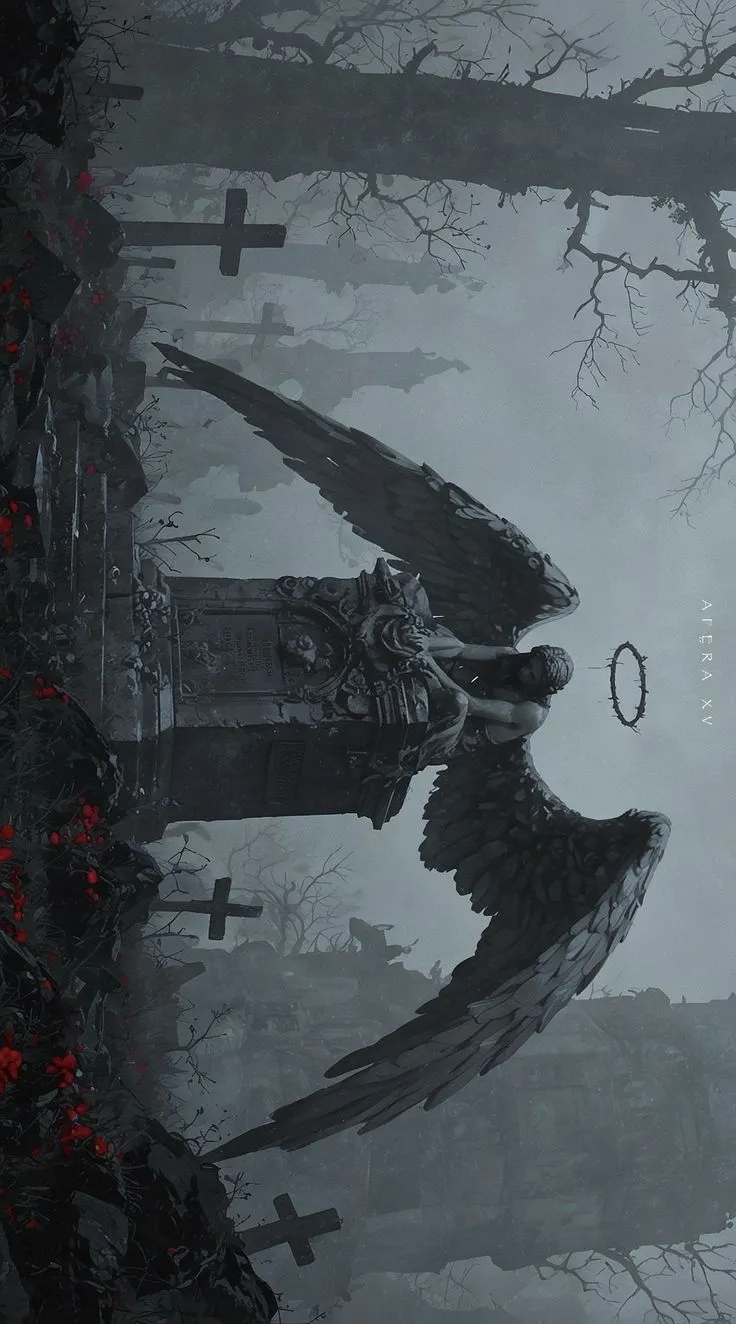 an image of a bird flying in the sky above a cemetery with crosses and tombstones