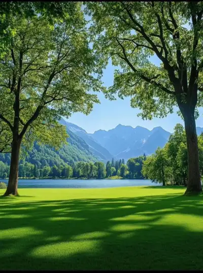 trees and grass in the foreground with mountains in the backgrouds behind them