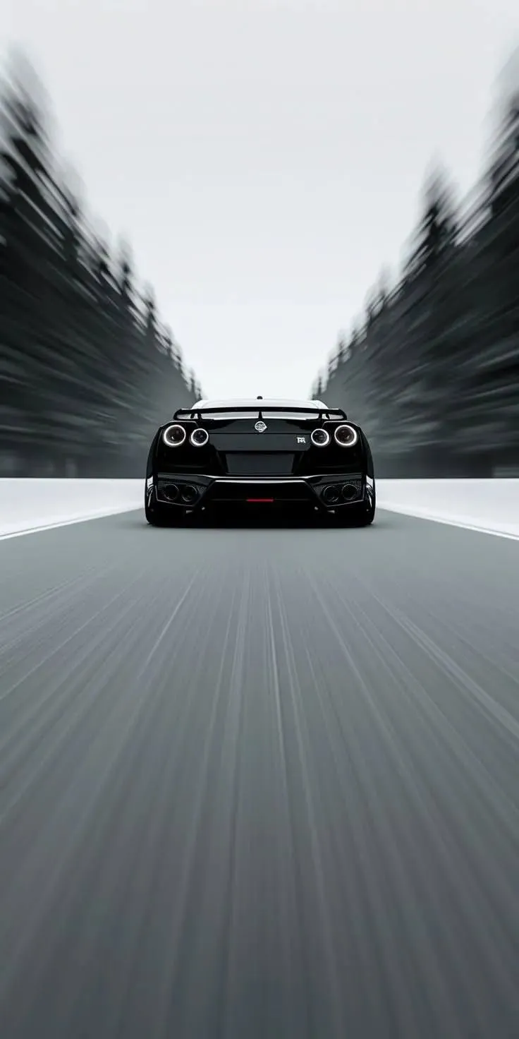 a black sports car driving down a road with trees in the backgrouund