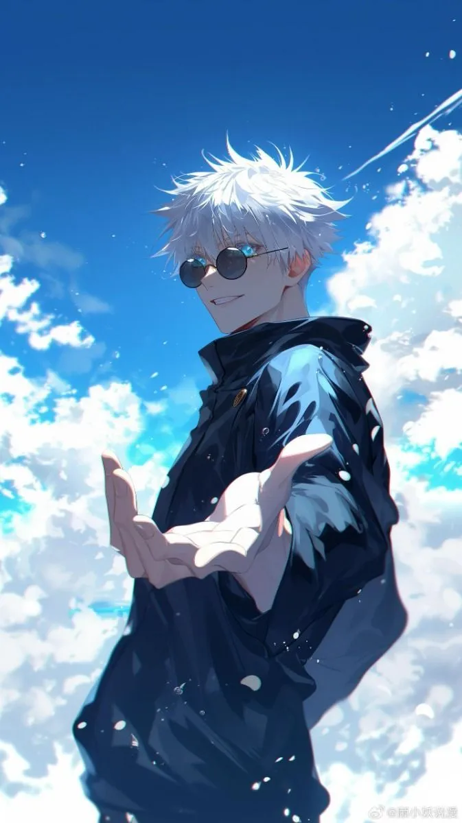 an anime character with white hair and sunglasses standing in front of the sky holding his hands together