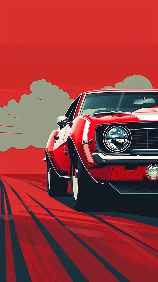 a red and white car driving down a road with clouds in the sky behind it