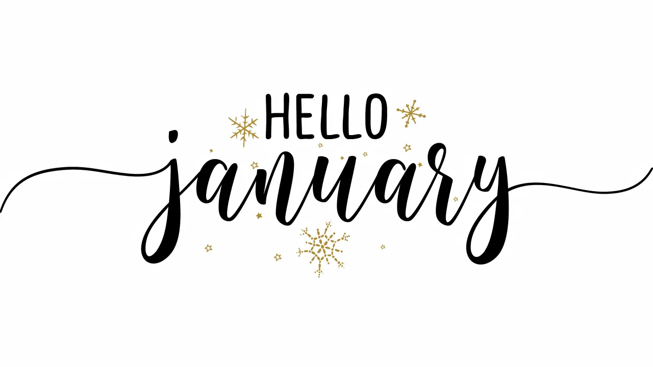 Hello January, Winter, Snowflakes, Calligraphy, White background, 5K