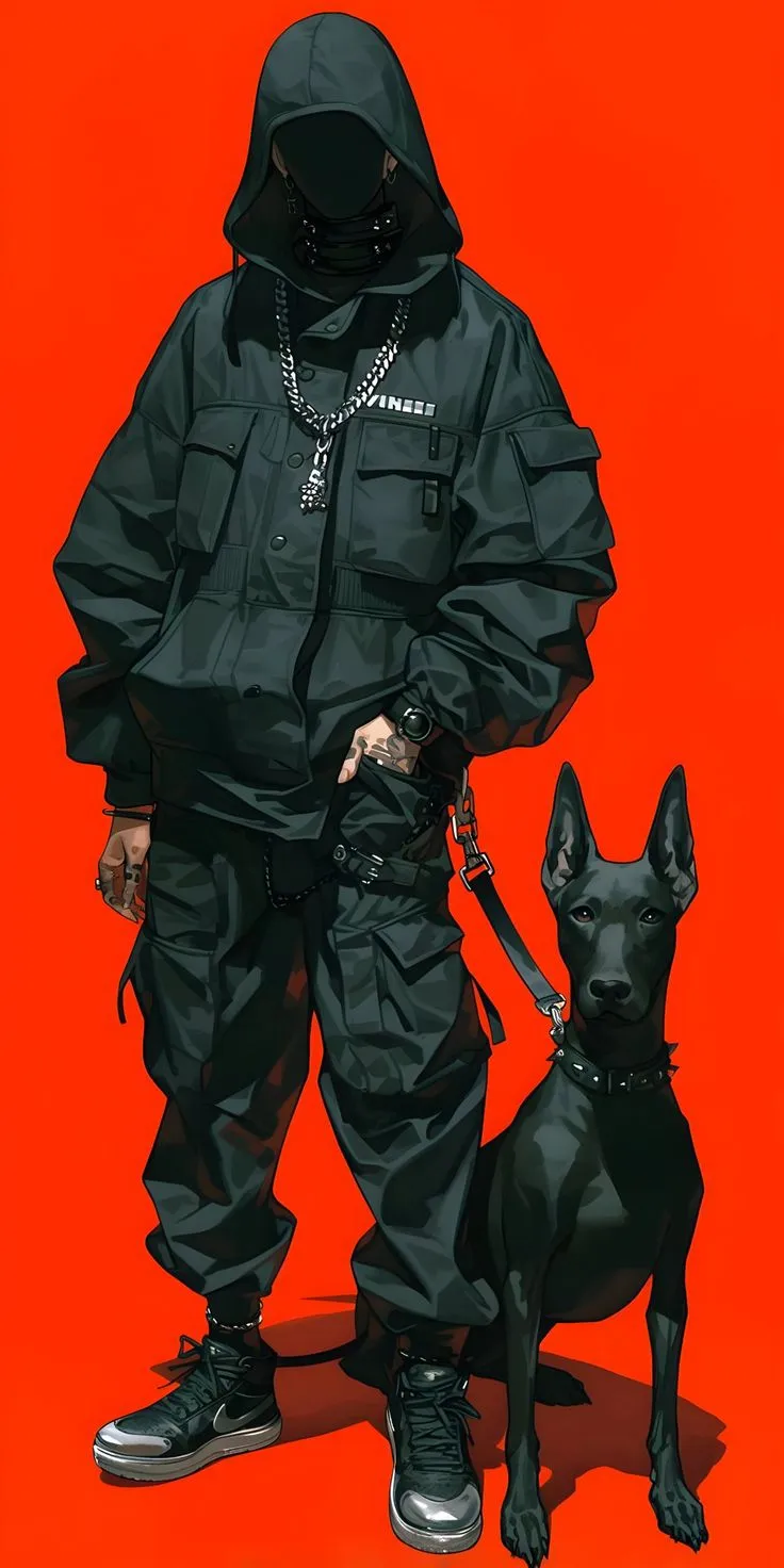 a man in black is standing next to a dog wearing a hoodie and chain