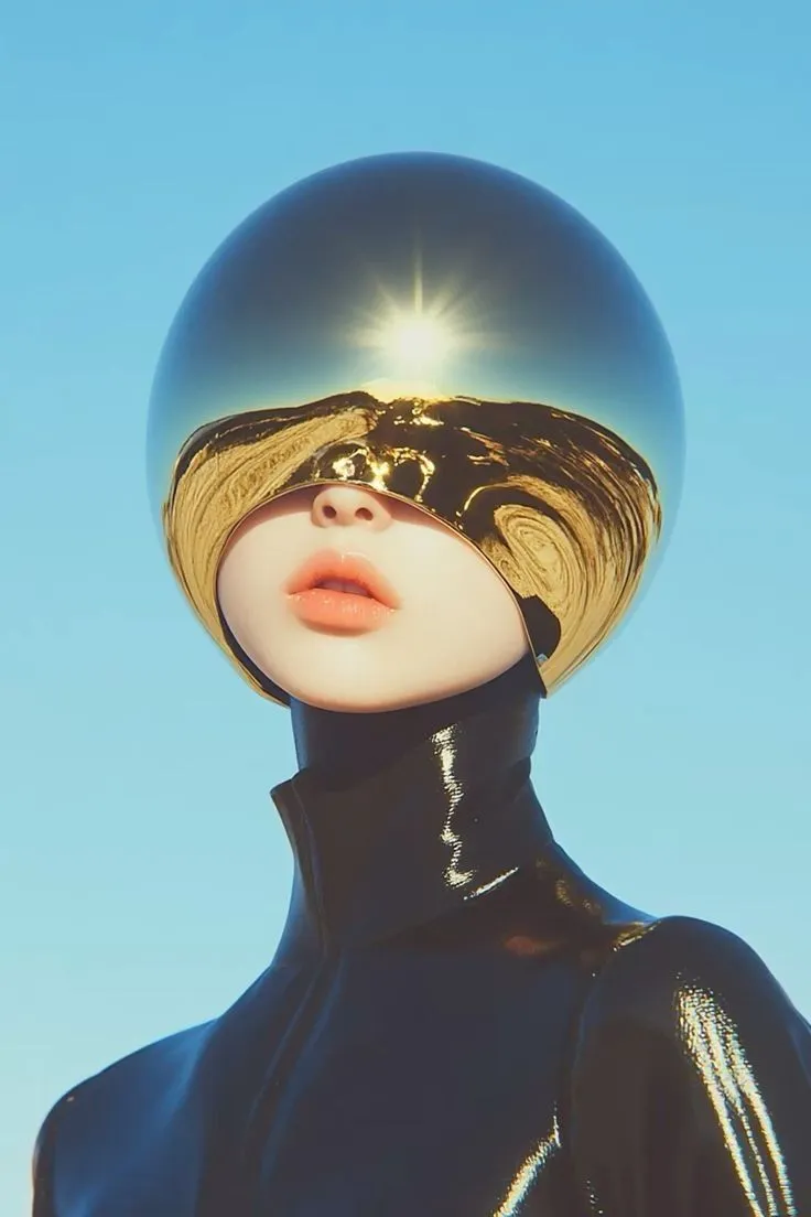a woman wearing a helmet with her face covered by gold hair and eyes closed, standing in front of a blue sky