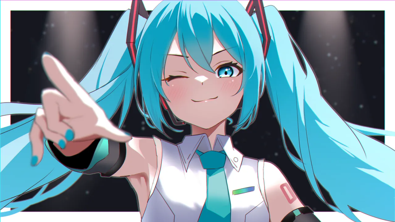 Hatsune Miku, Vocaloid, Anime girl, Winking, Blue hair, Digital Art