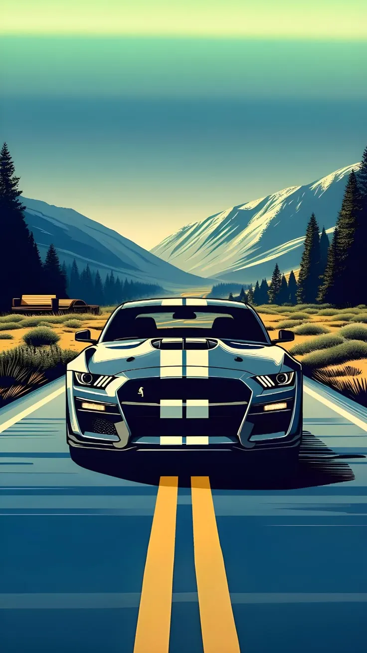 a car is driving down the road with mountains in the backgrouds behind it