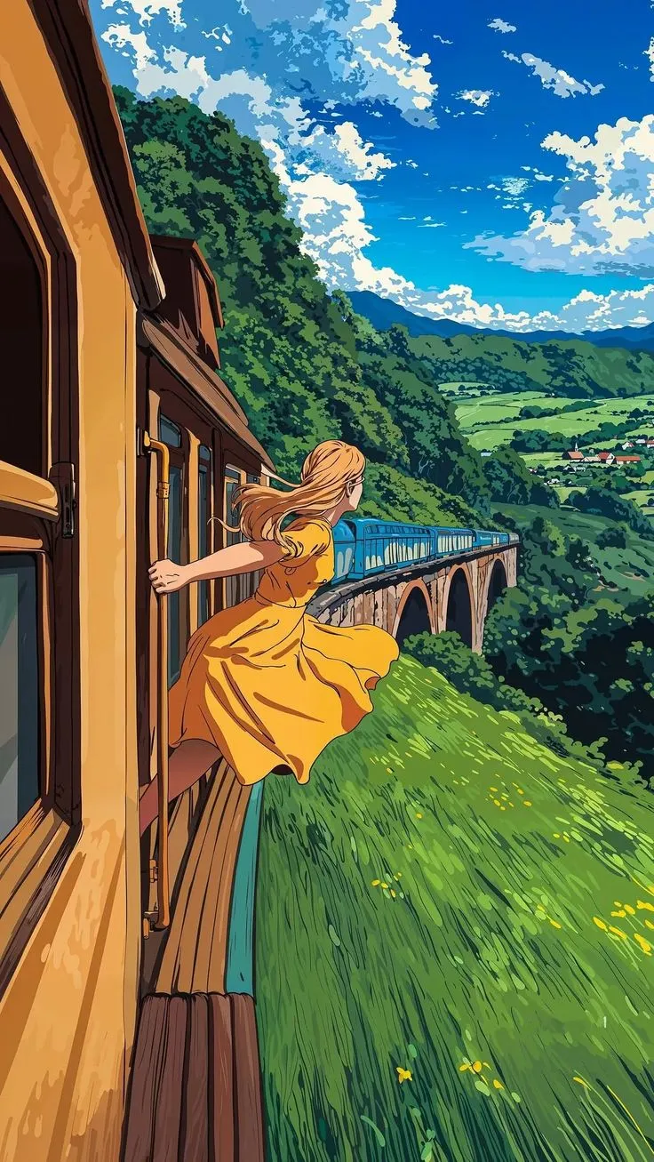 a woman in a yellow dress is looking out the window at a train passing by