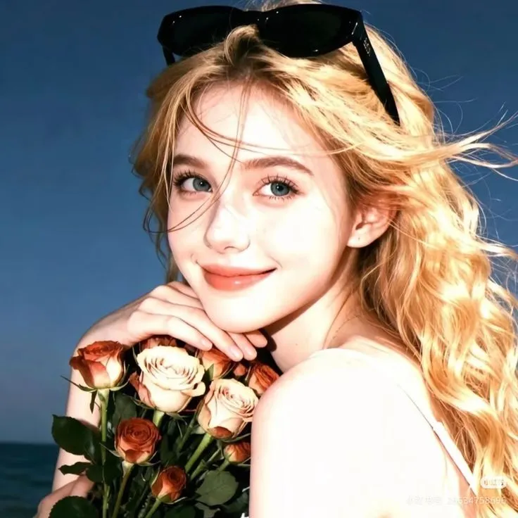 a beautiful young blonde woman with sunglasses on her head and holding roses in front of her face