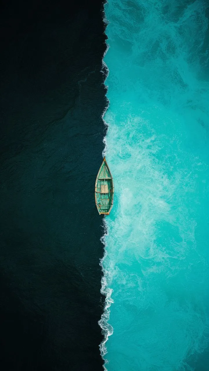 an aerial view of a small boat in the middle of blue water with foamy waves