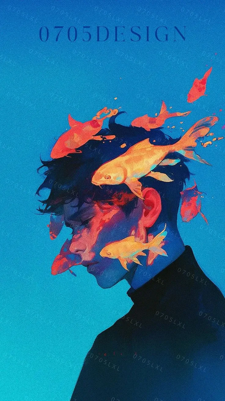 a painting of a man with fish in his hair