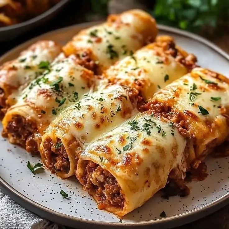 a white plate topped with lasagna rolls covered in cheese