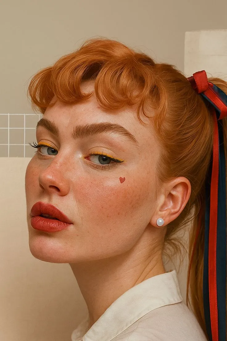 a woman with freckles on her face wearing a white shirt and red hair