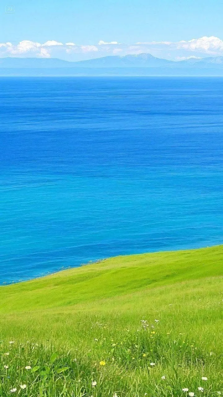 two cows grazing in the grass by the ocean