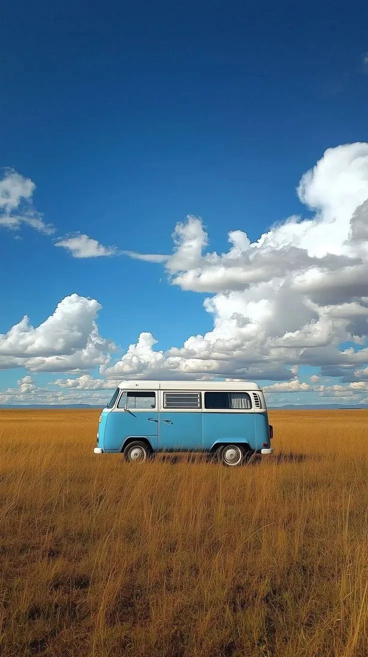 an old vw bus is parked in the middle of a field with clouds above it