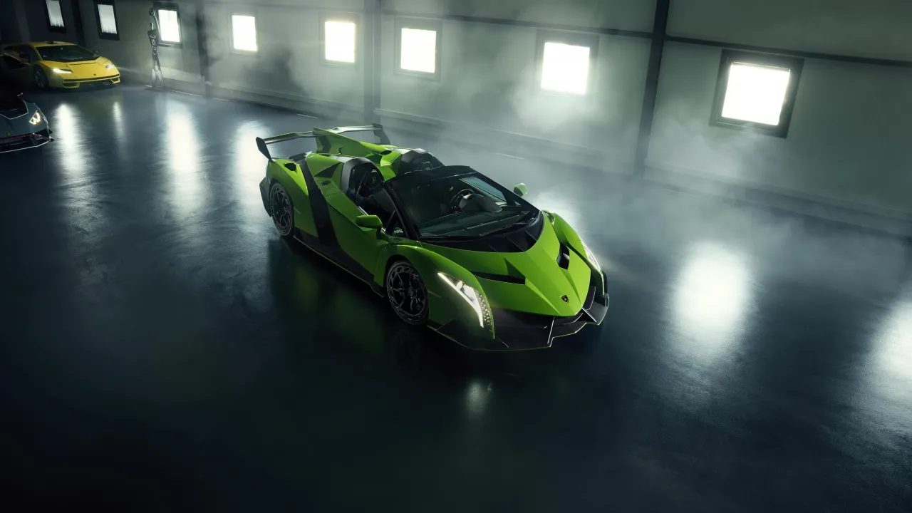 Lamborghini Veneno Roadster, 8K, Supercars, Green car, Garage, 5K, Albert Spiess Collection