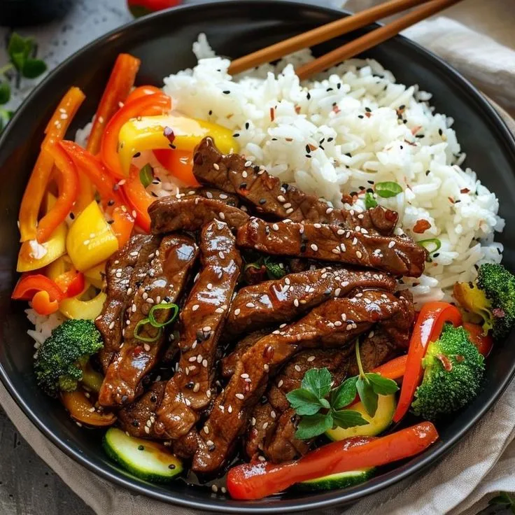 a bowl filled with rice, meat and veggies next to chopsticks