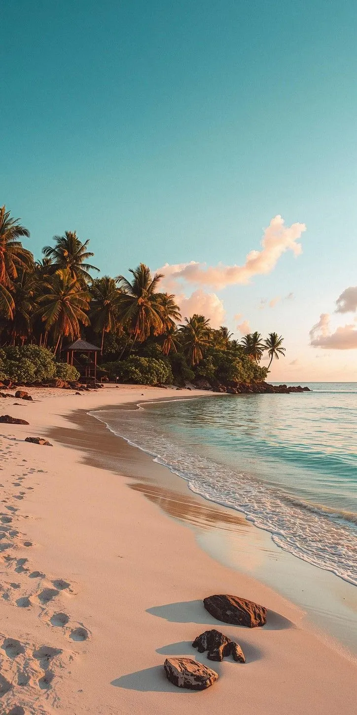 footprints in the sand on a beach with palm trees and blue water at sunset or dawn