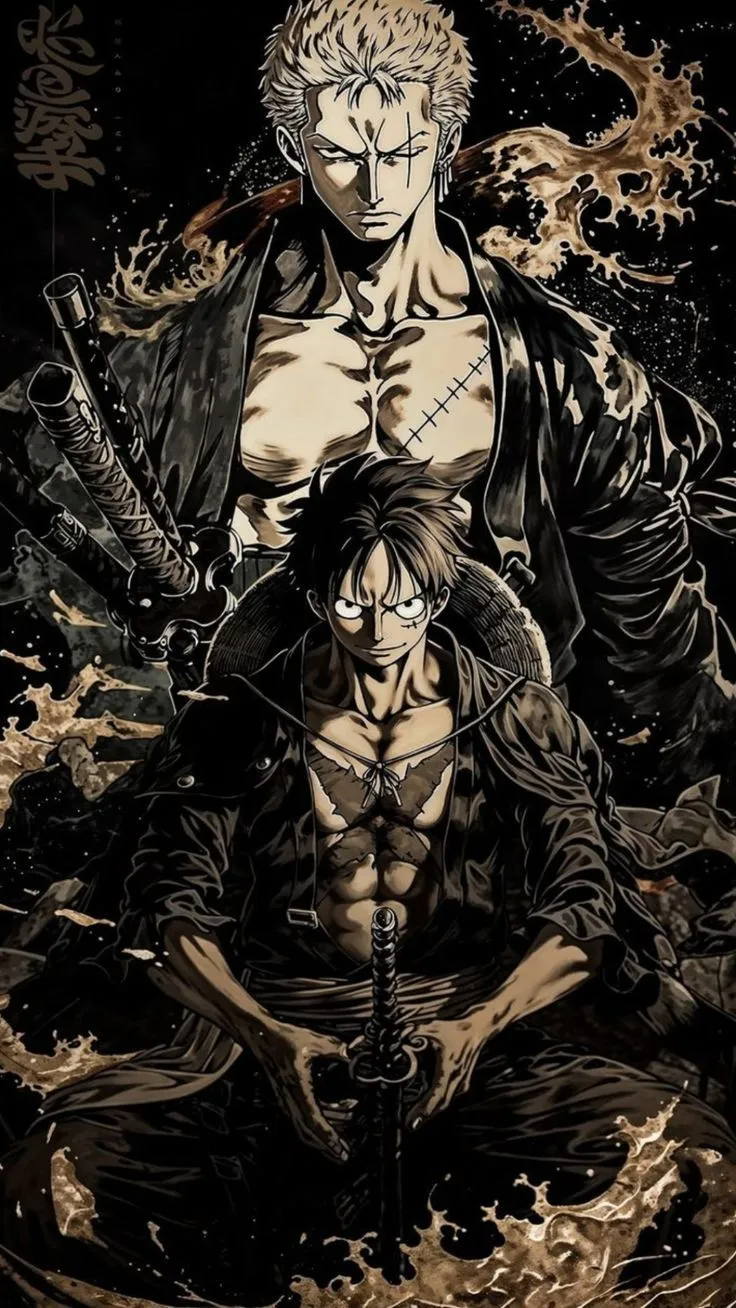 two anime characters sitting on top of each other with swords in their hands and water splashing around them