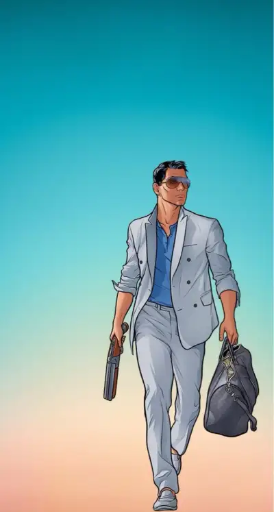 a man in a suit and sunglasses walking down the street with a bag on his shoulder