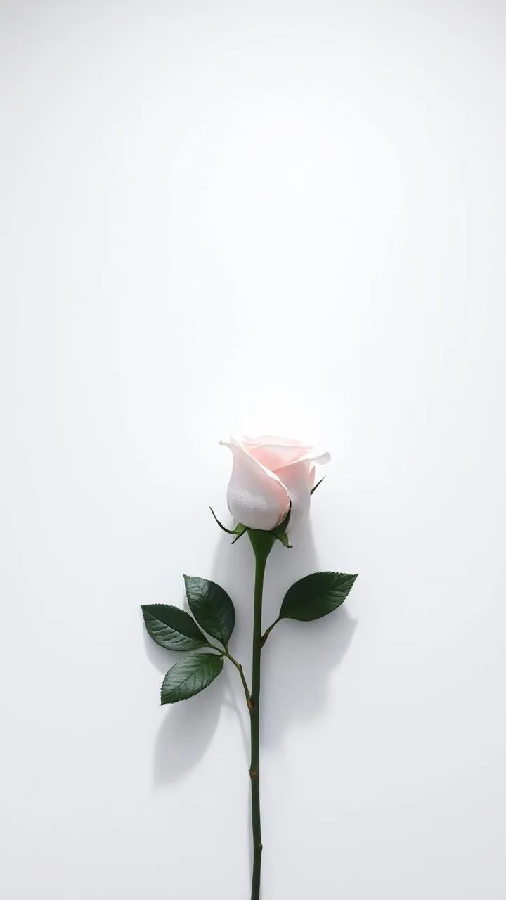 a single pink rose with green leaves on a white background