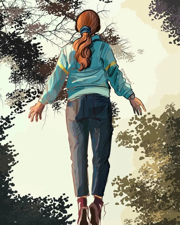 a painting of a woman walking in the woods