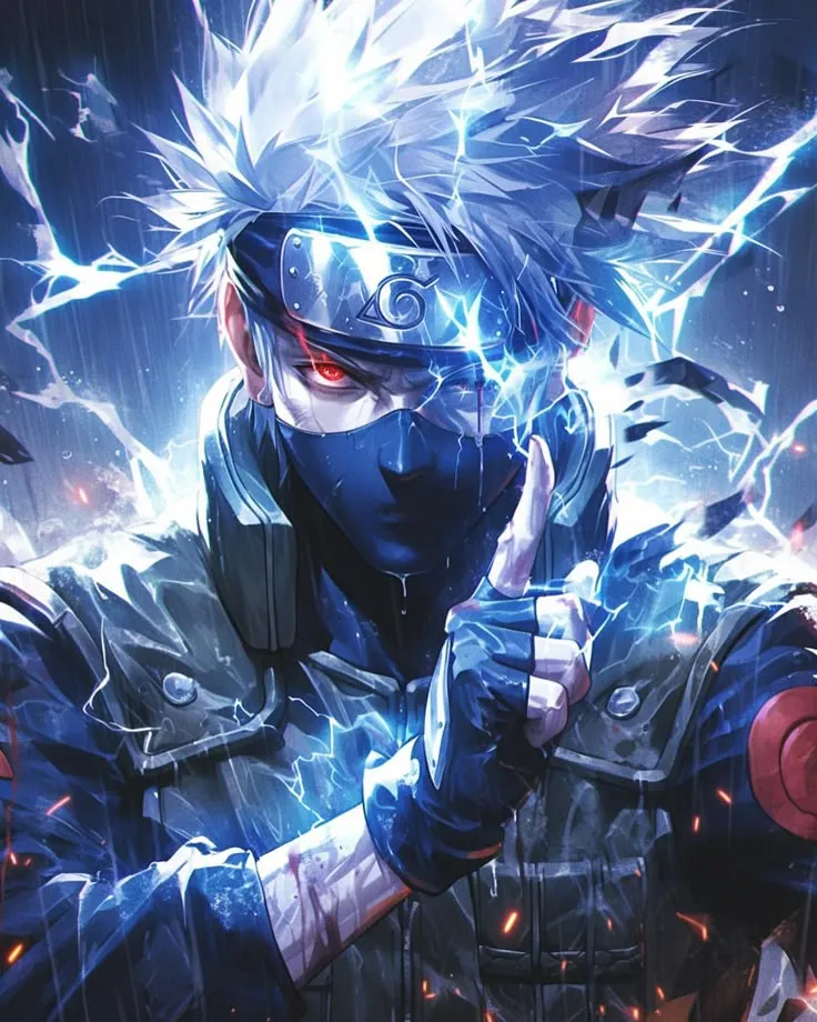 an anime character is holding his fist up in the air with lightning coming from behind him