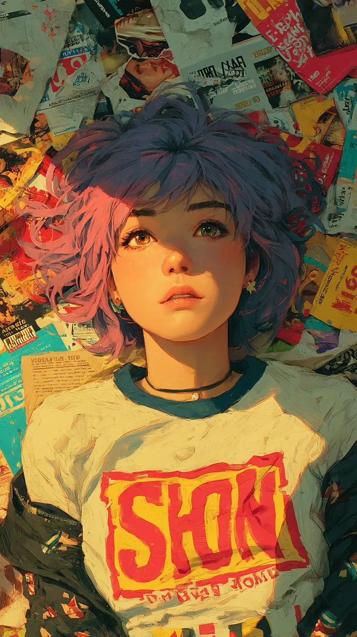 a digital painting of a woman with pink hair and t - shirt that says shof on it