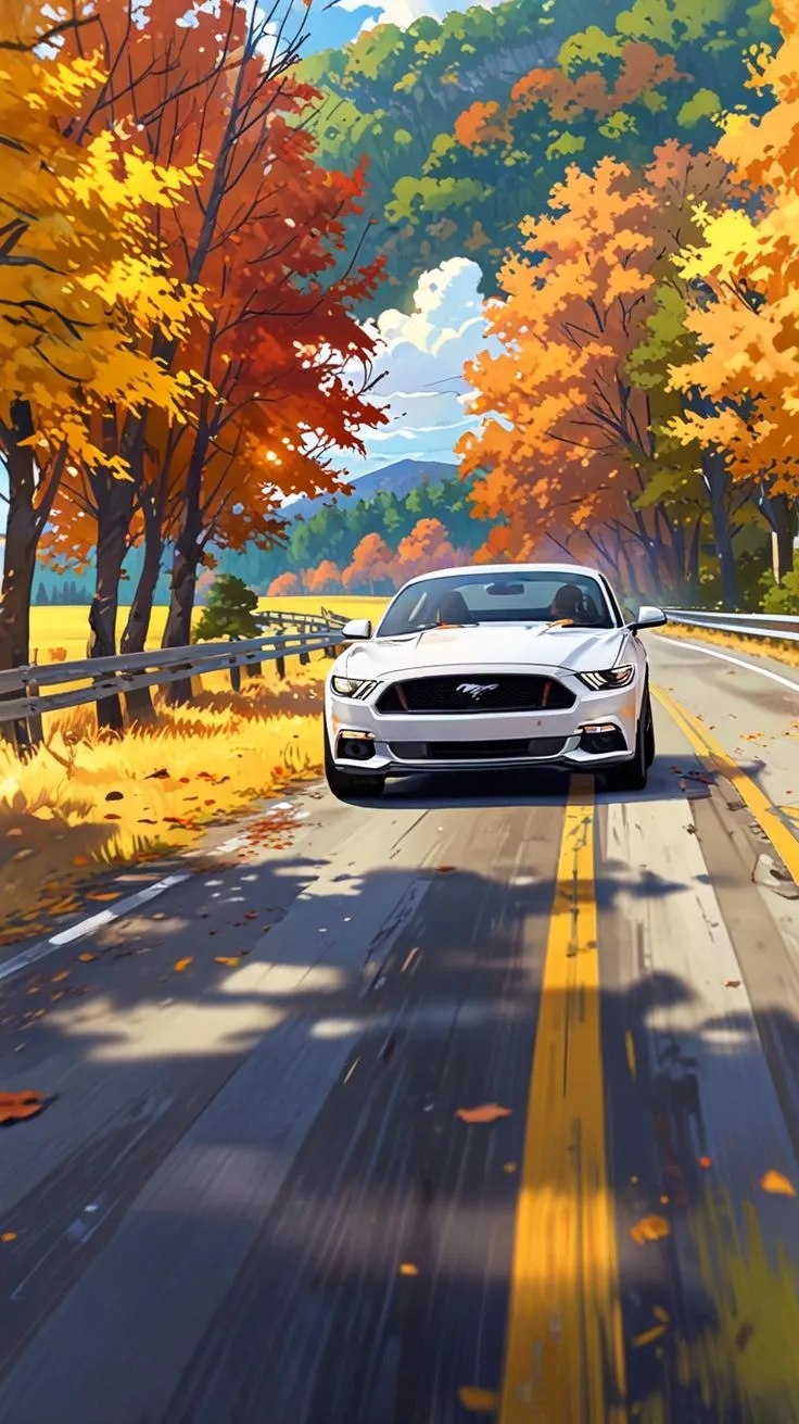 a car is driving down the road in front of trees with orange and yellow leaves