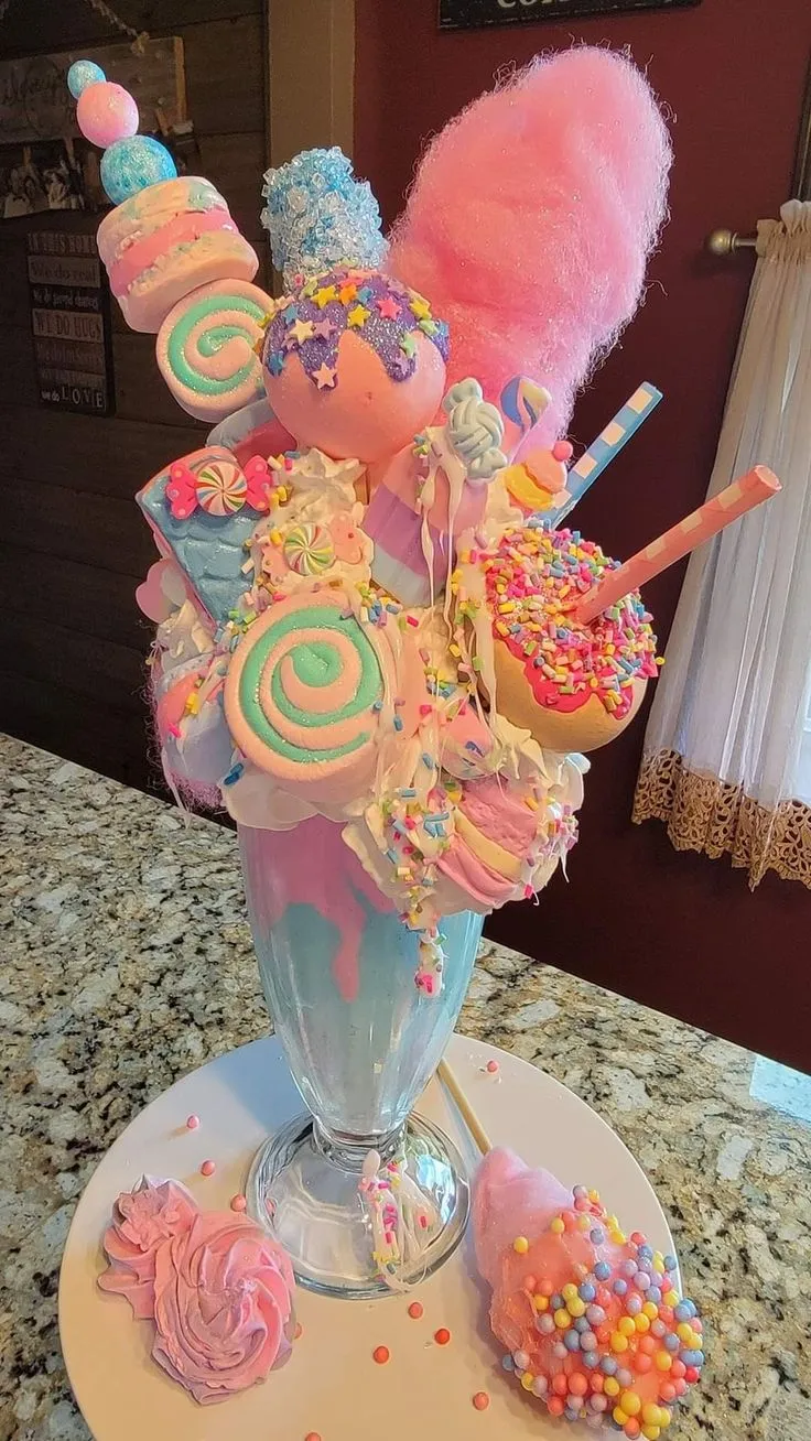 a vase filled with candy and candies on top of a counter