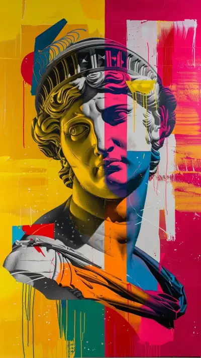 an abstract painting of a woman's head with multicolored stripes