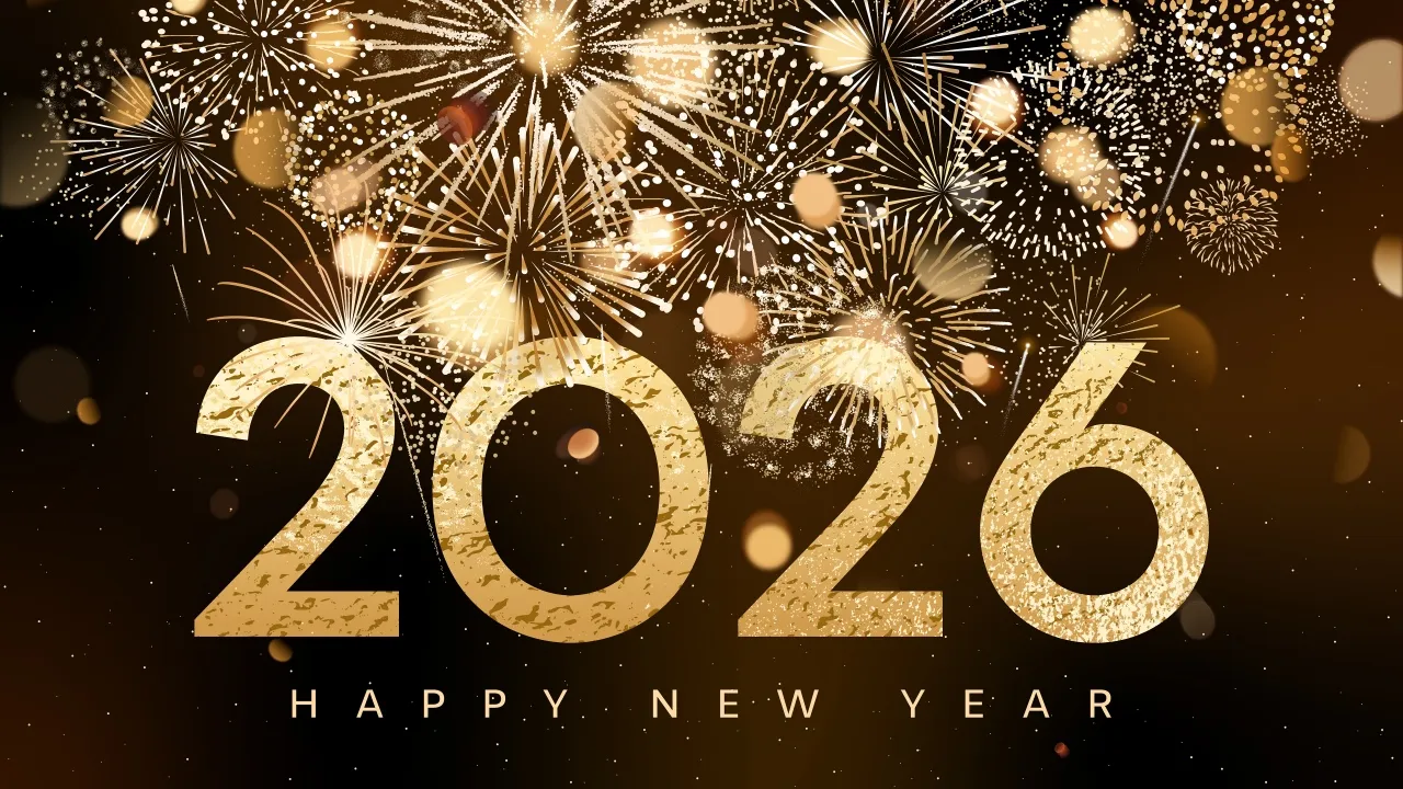 Happy New Year 2026, Fireworks, New Year celebrations, Golden letters, Black and gold, 5K